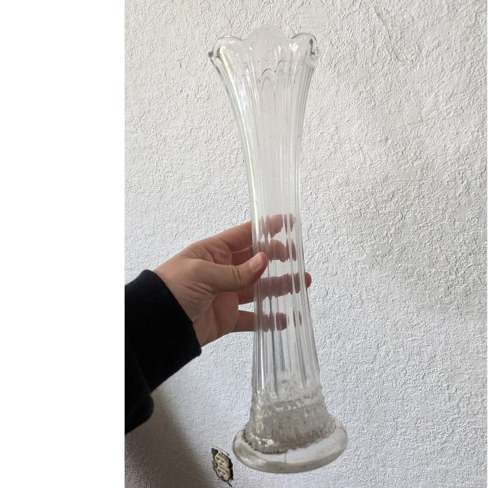 Vintage Clear Glass Fluted Bud Vase Scalloped Rim Ribbed Trumpet 12.5 Inch